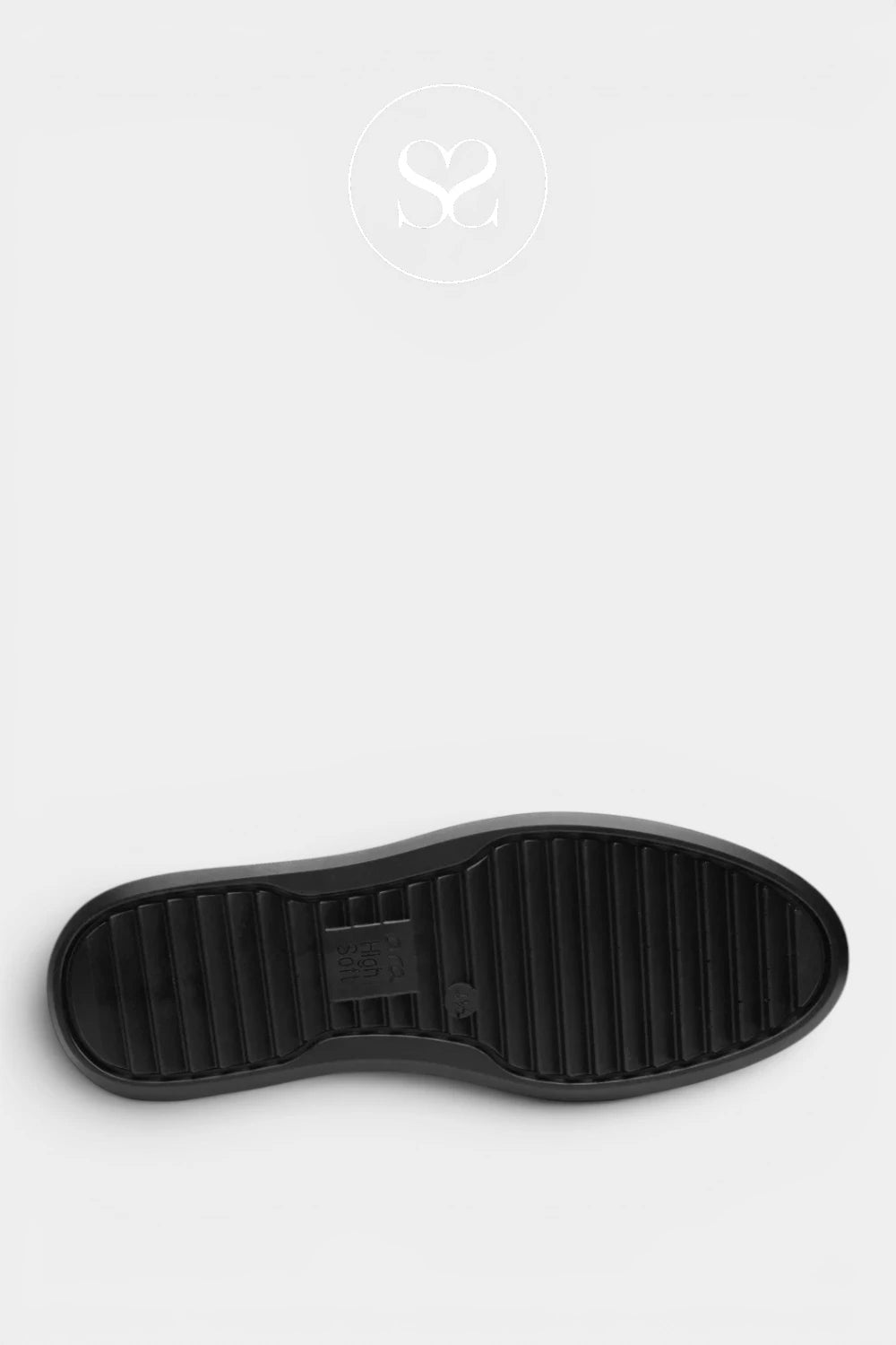A close-up, top-down view of a black rubber shoe sole with a ribbed tread pattern, set against a light gray background with a faint circular logo at the top.