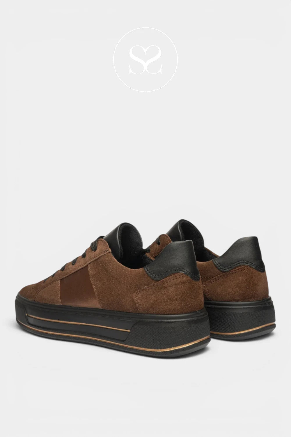 A pair of brown suede and leather low-top sneakers with black soles, shown from a three-quarters angle on a light gray background.