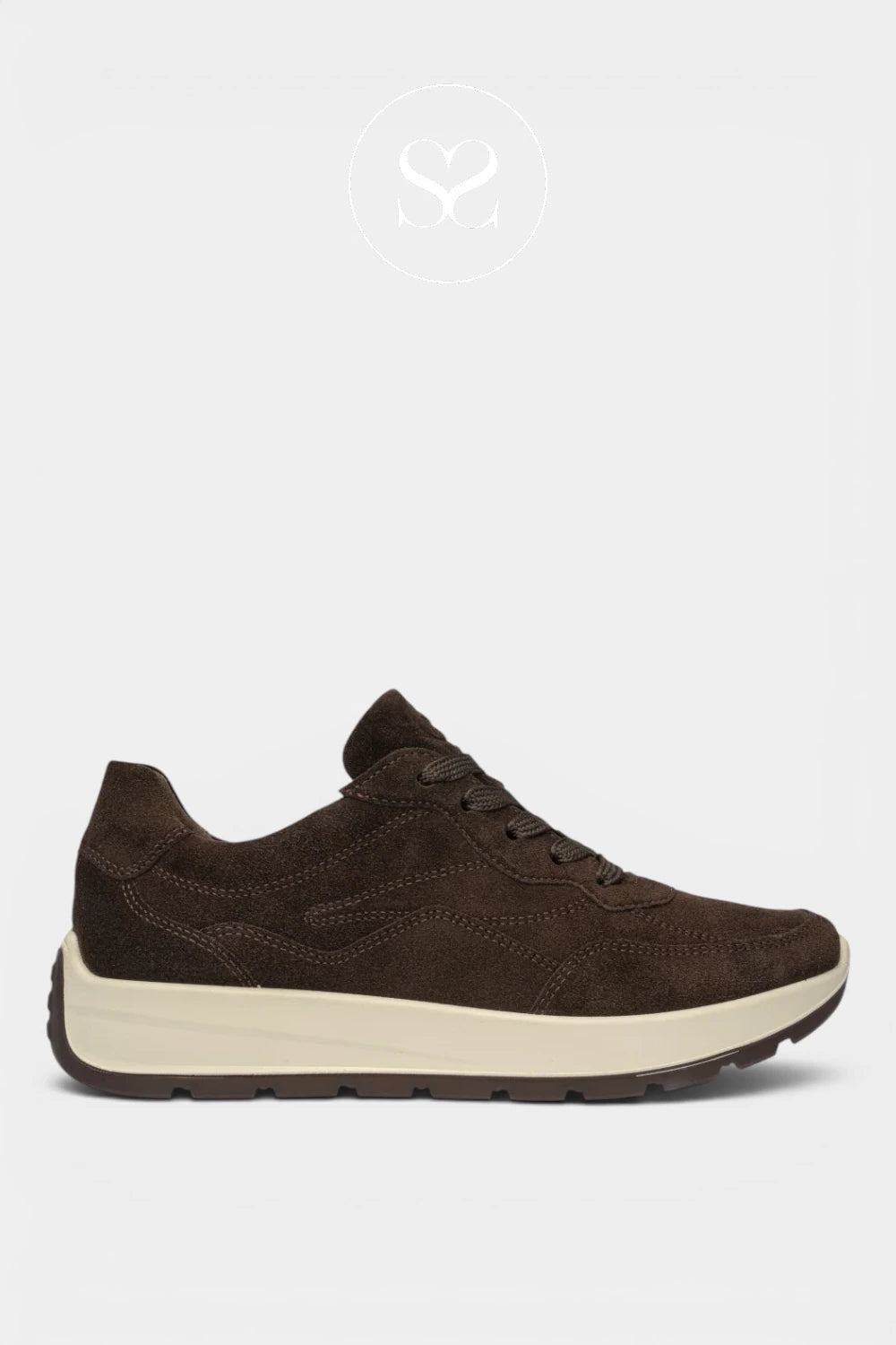 Brown sneaker with white sole on a white background