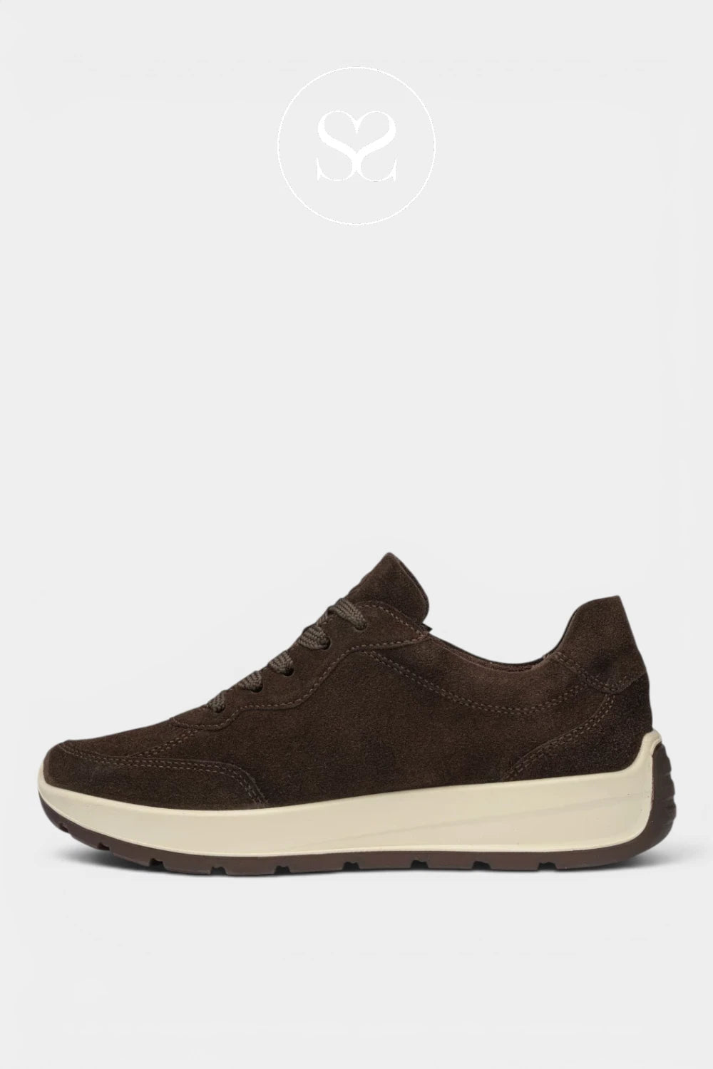 A dark brown suede sneaker with a thick cream-colored midsole and a dark brown outsole, shown in a side profile on a light gray background.