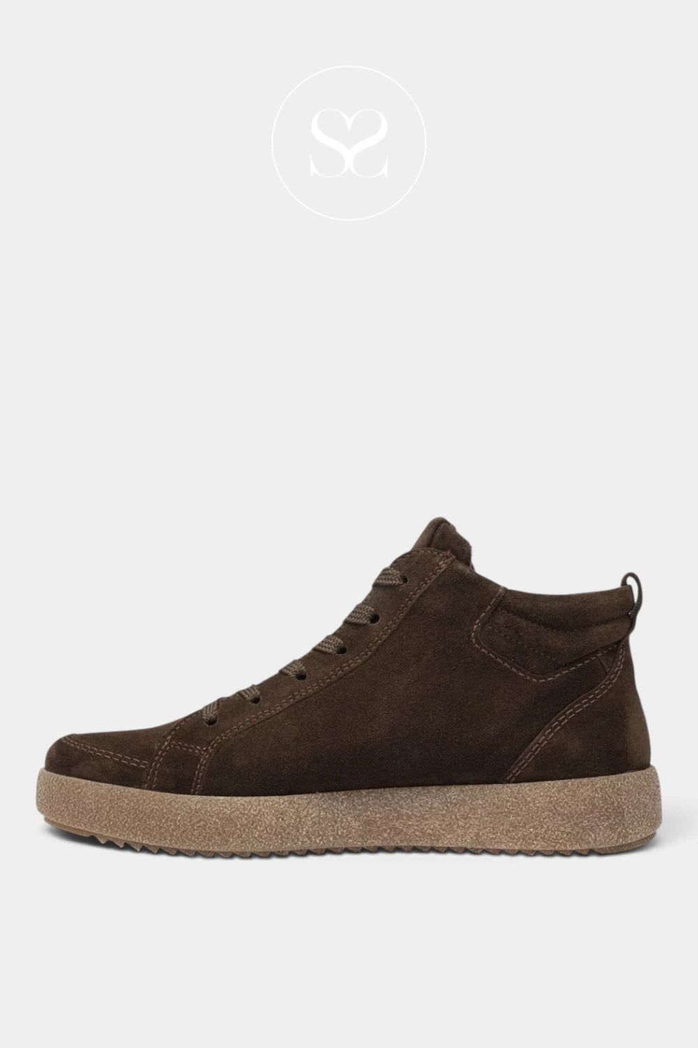 A dark brown suede high-top sneaker with a thick, textured tan sole, shown in a side profile against a light gray background.