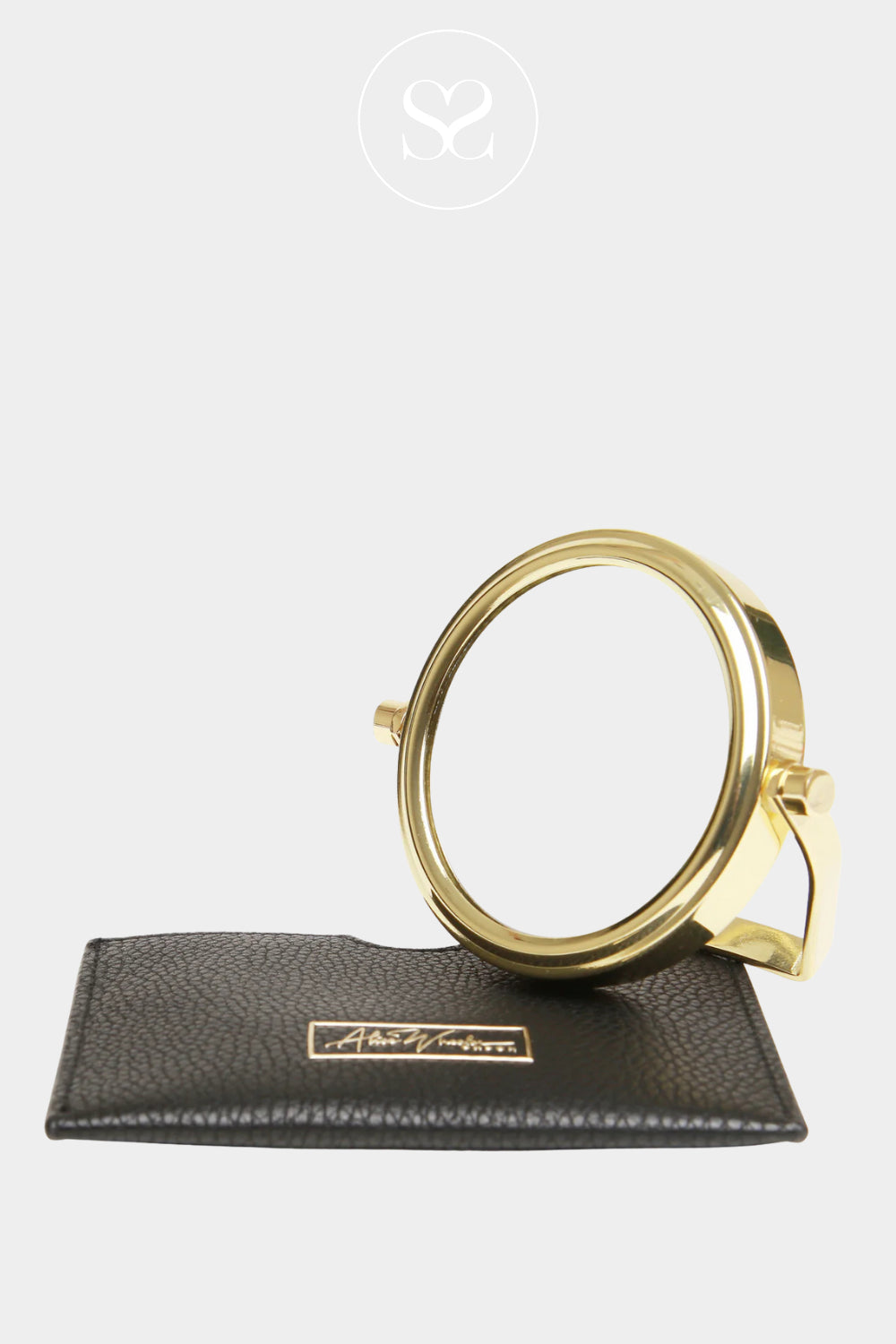Gold round mirror with a matching black pouch.