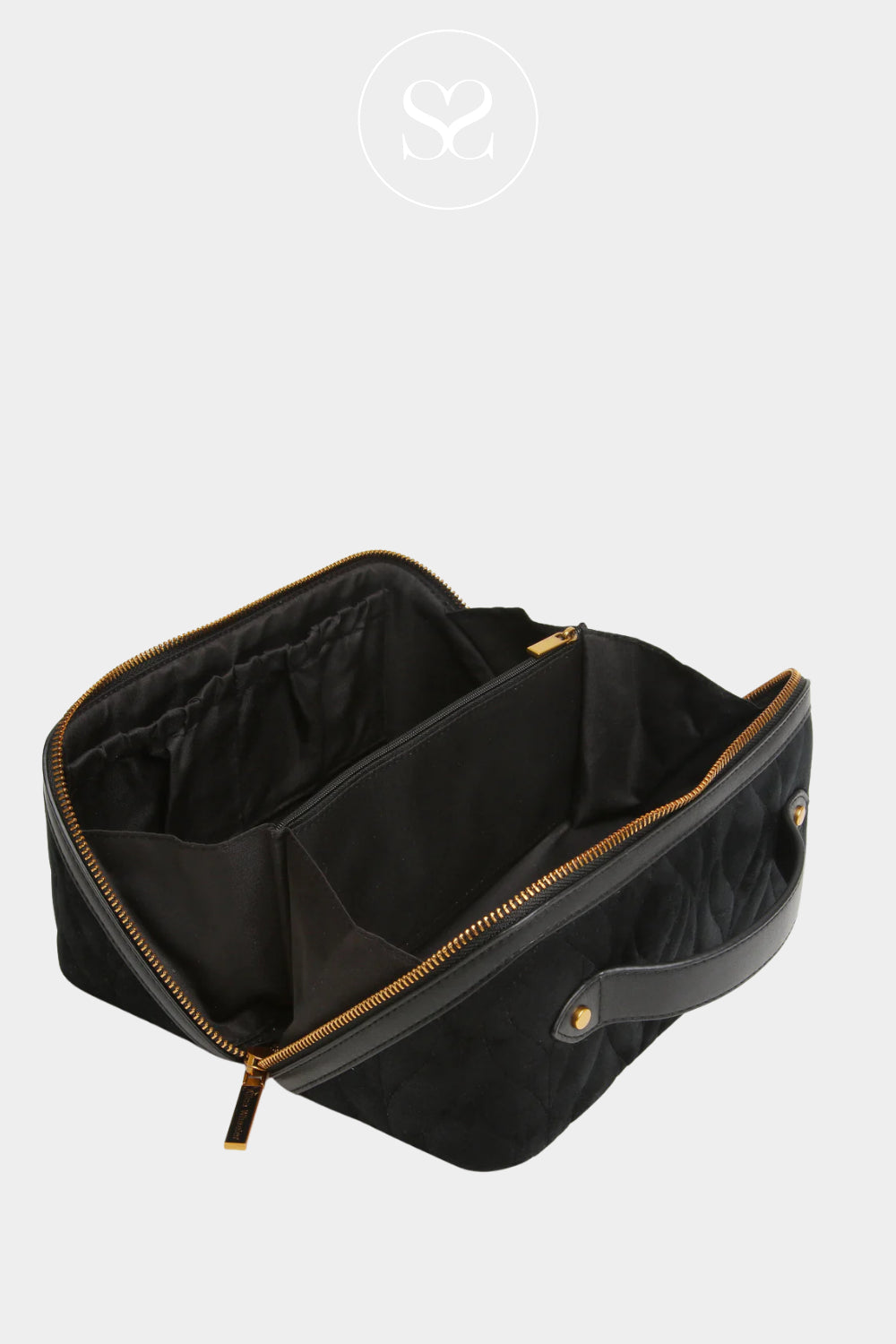 Black toiletry bag with gold zipper on a white background