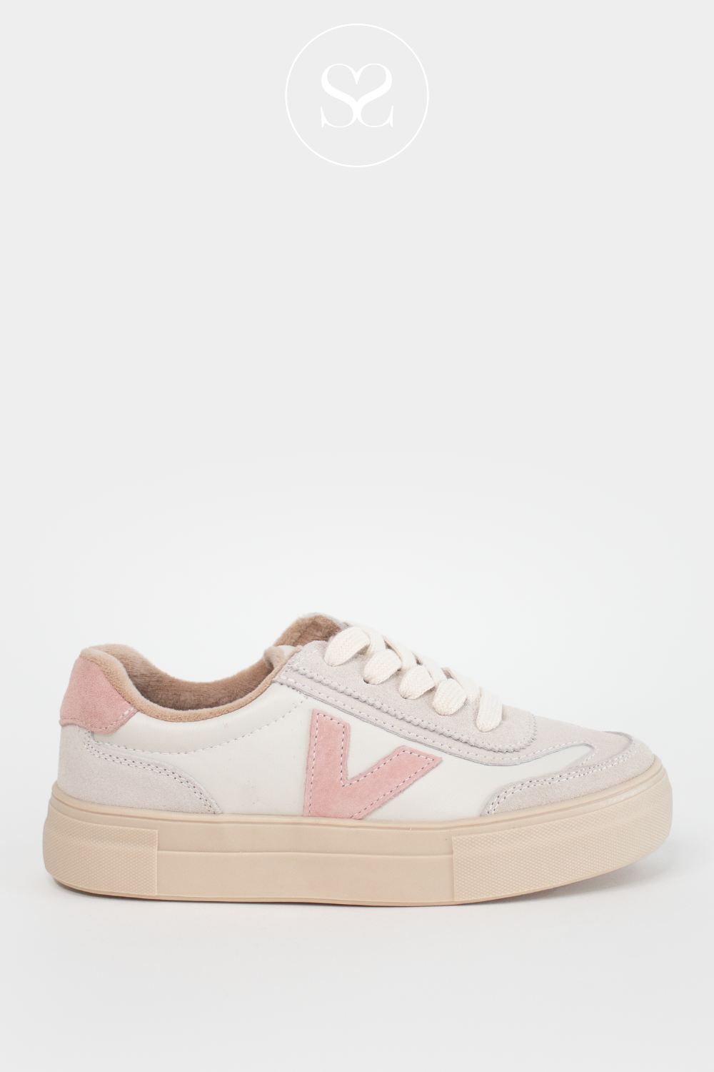 DRILLEYS PINK (FRENCH VANILLA) EIGHTY FLATFORM LACE UP TRAINERS WITH PINK SUEDE DETAILING AND CUSHIONED INSOLE FOR ALL DAY COMFORT
