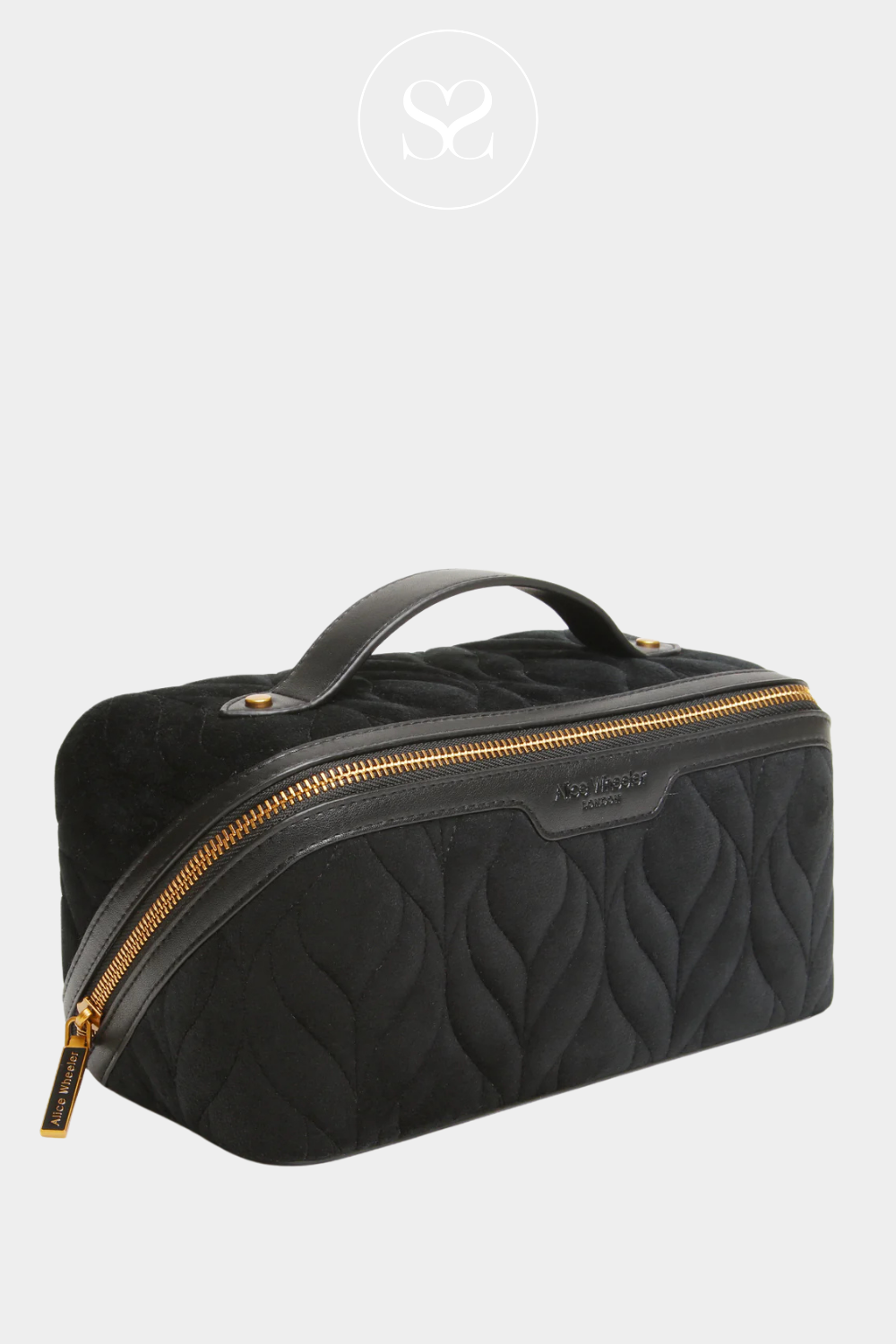 Black quilted handbag with gold zipper .
