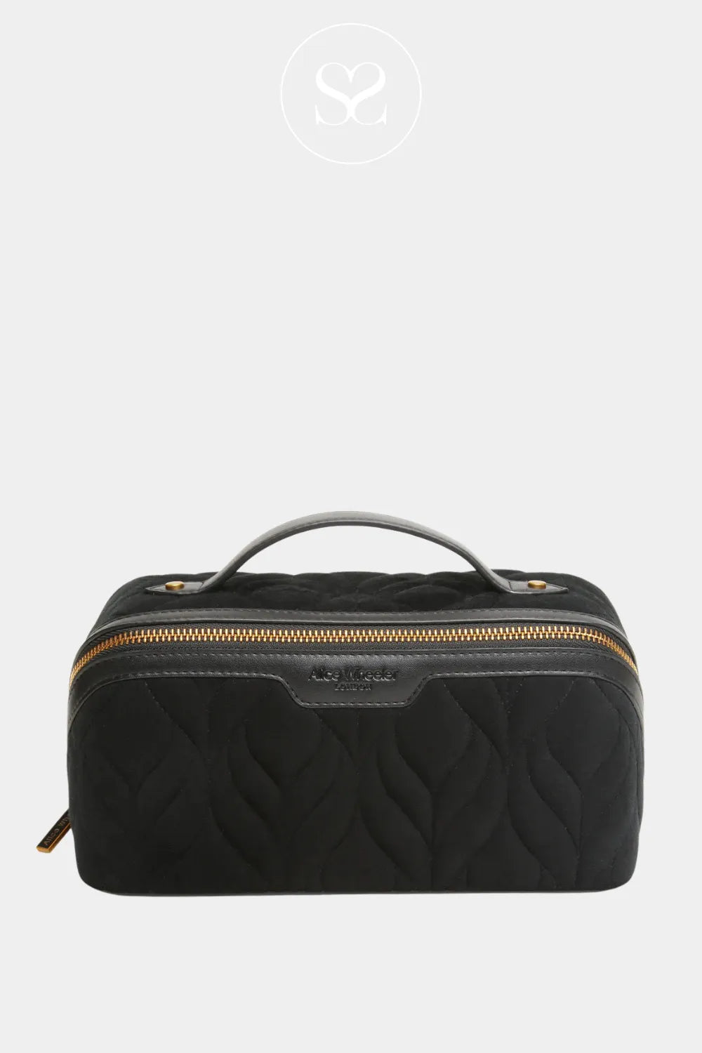 Black quilted toiletry bag with gold zipper on a white background AW0352 TRAIN CASE.
