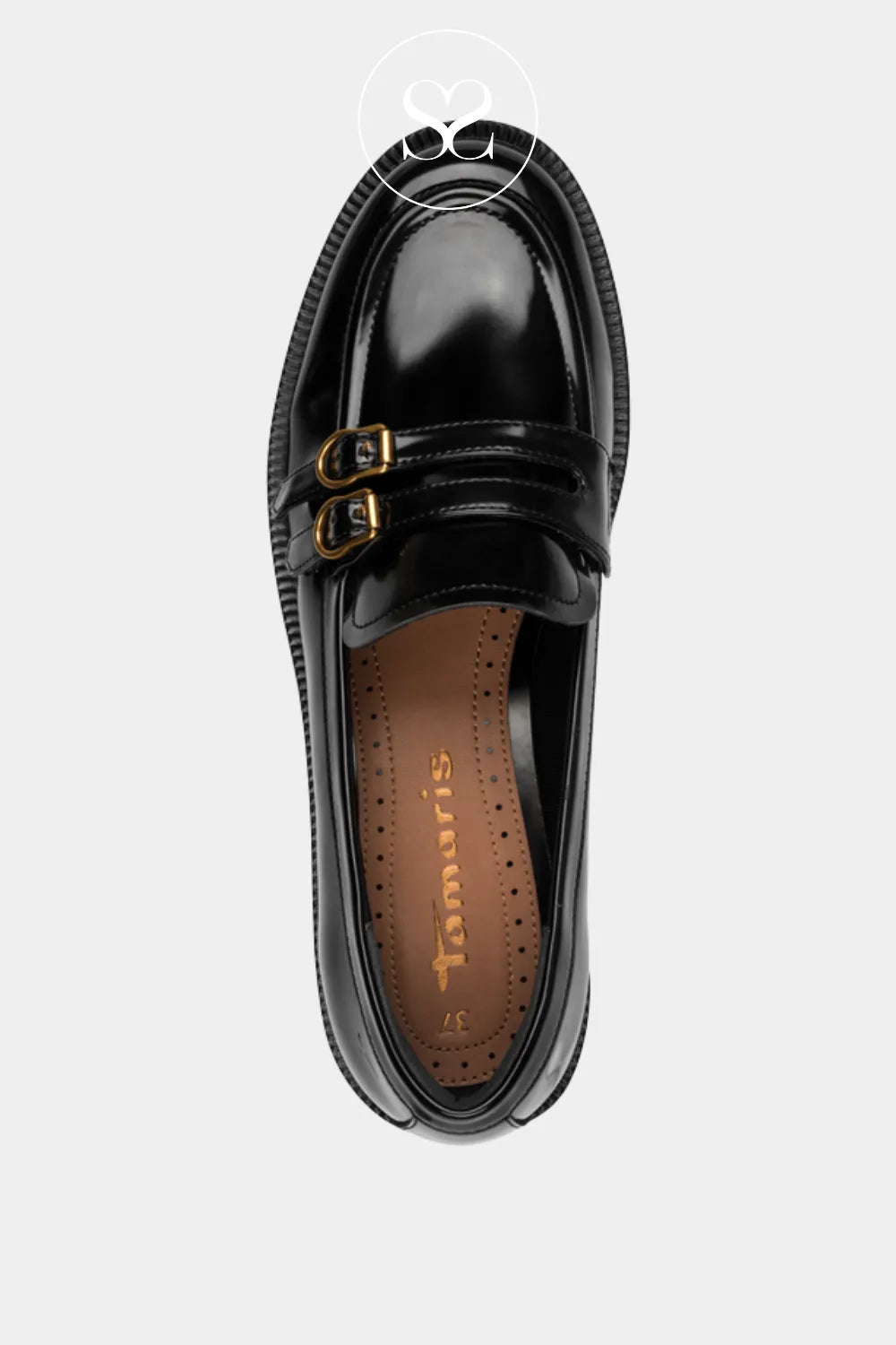 Tamaris black patent leather loafer with cushioned sole