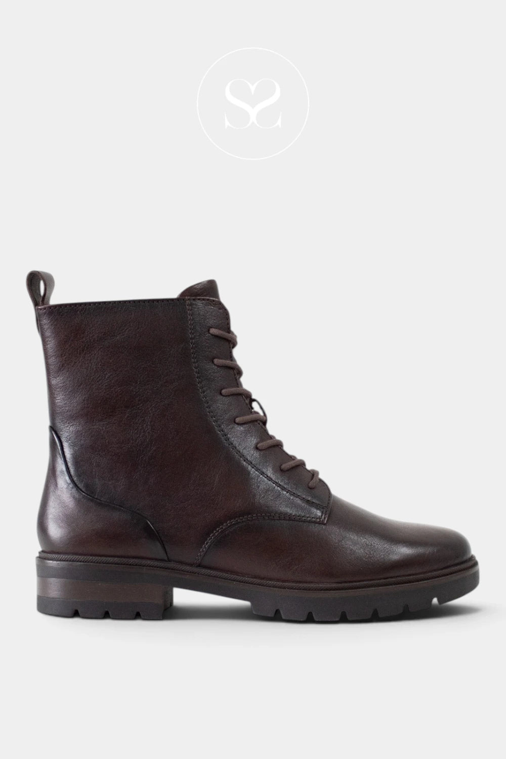 Ara dark brown leather lace-up ankle boot with a chunky lug sole, shown from a side profile on a light gray background.