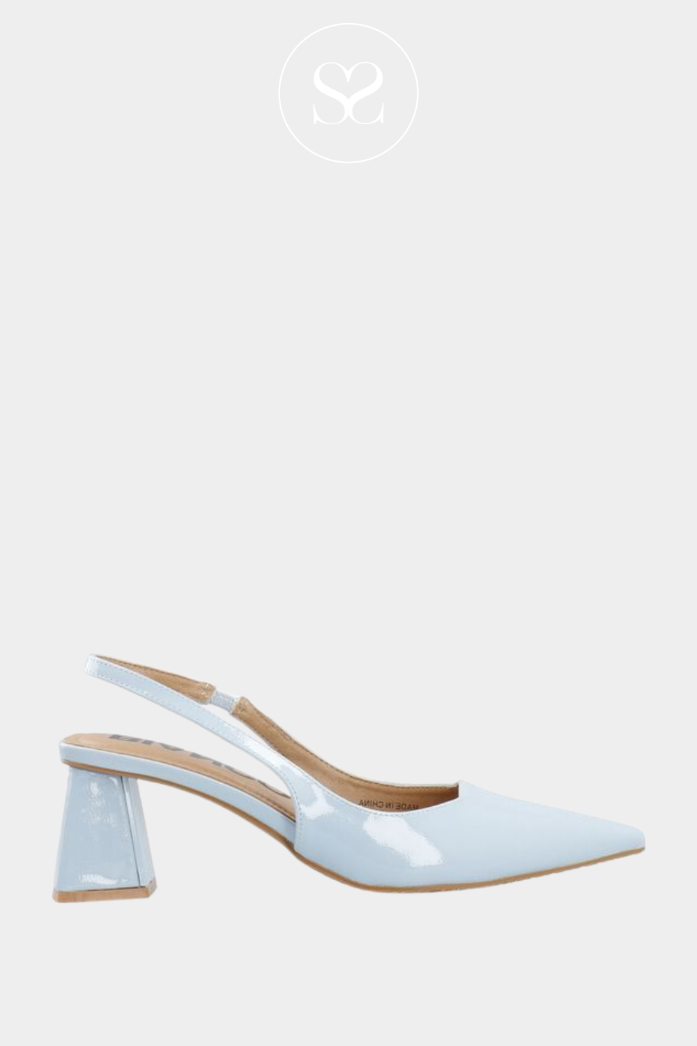 Pale blue patent occassion shoes. Dressy pointed toe heels. Triangular block heel with elasticated slingback and cushioned insole