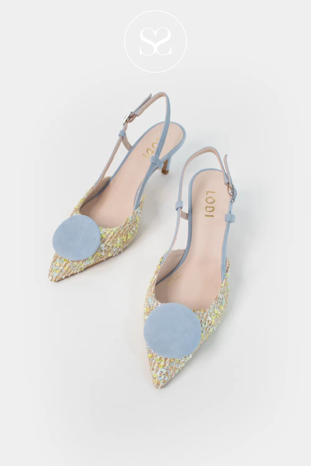 LODI Blue Woven Tweed Sling Back Heels - NIVIS Comfortable gel-cushioned insole with a flattering 7cm heel height