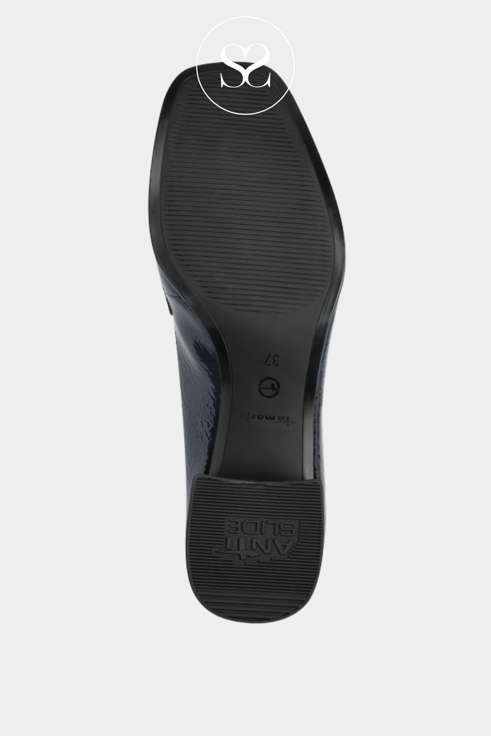 Anti slip sole on Tamaris navy blue patent loafers