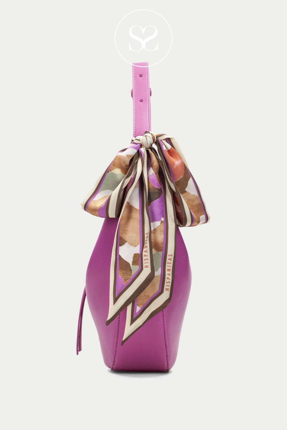 pink handbag, neat style shoulder bag with adjustable strap. colourful scarf attachment.