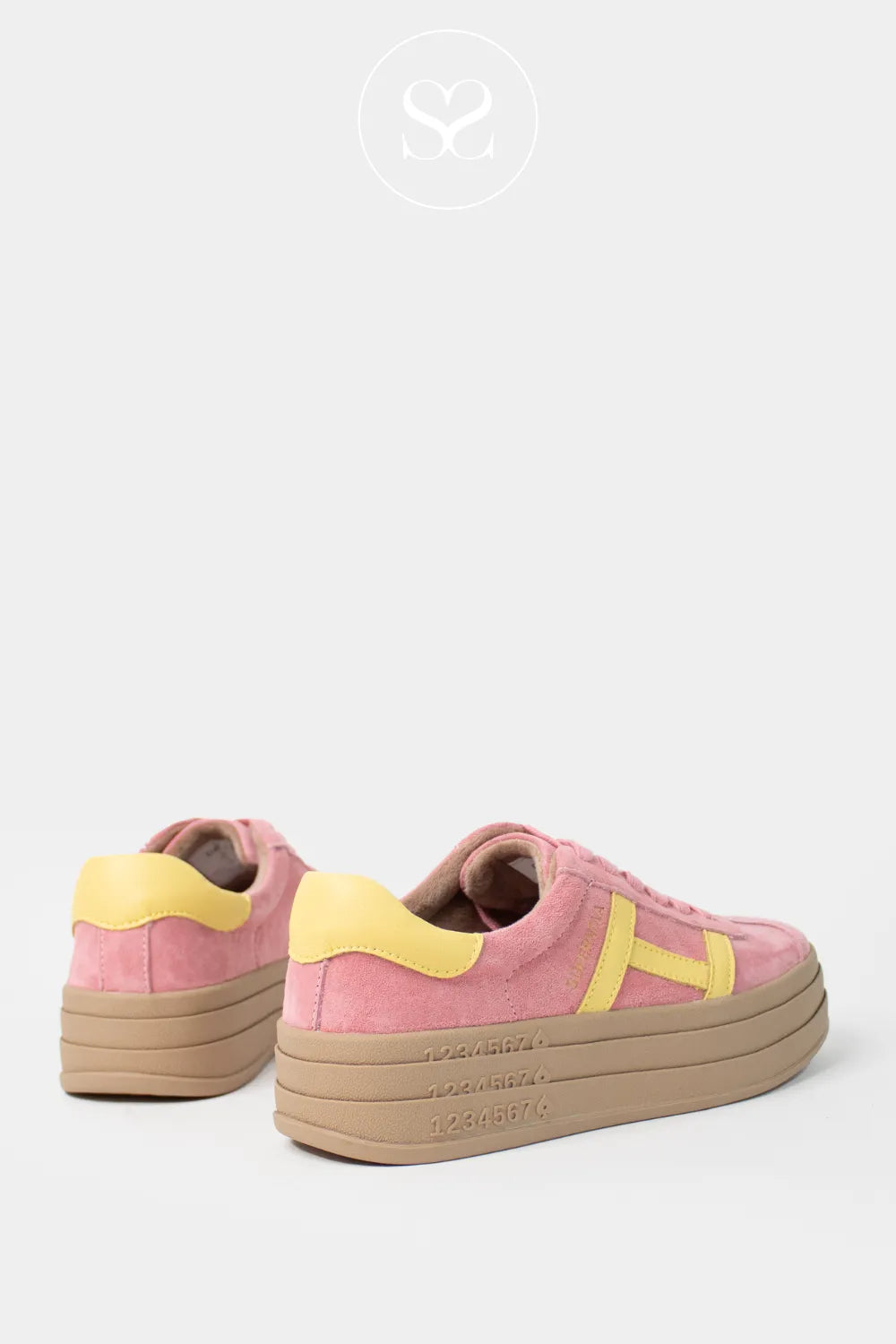 DRILLEYS PINK (CANDY CANE) CHUNKY FLATFORM TRAINERS SIXTY EIGHT FOR WOMEN WITH YELLOW HEEL CAP DETAIL