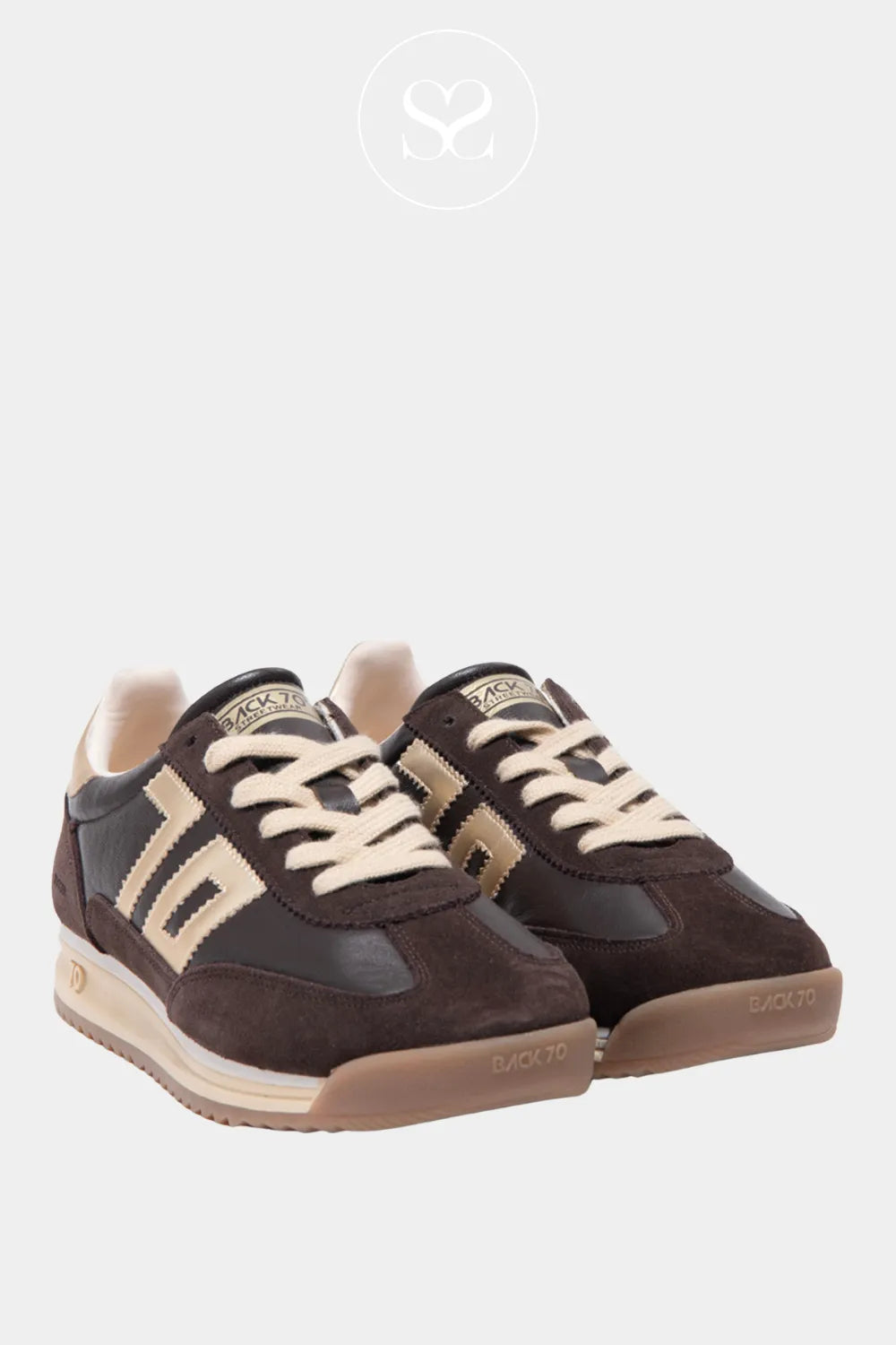 BACK70 BROWN LEATHER RETRO TRAINERS JOGGER WITH BROWN SUEDE T SHAPE TOE CAP