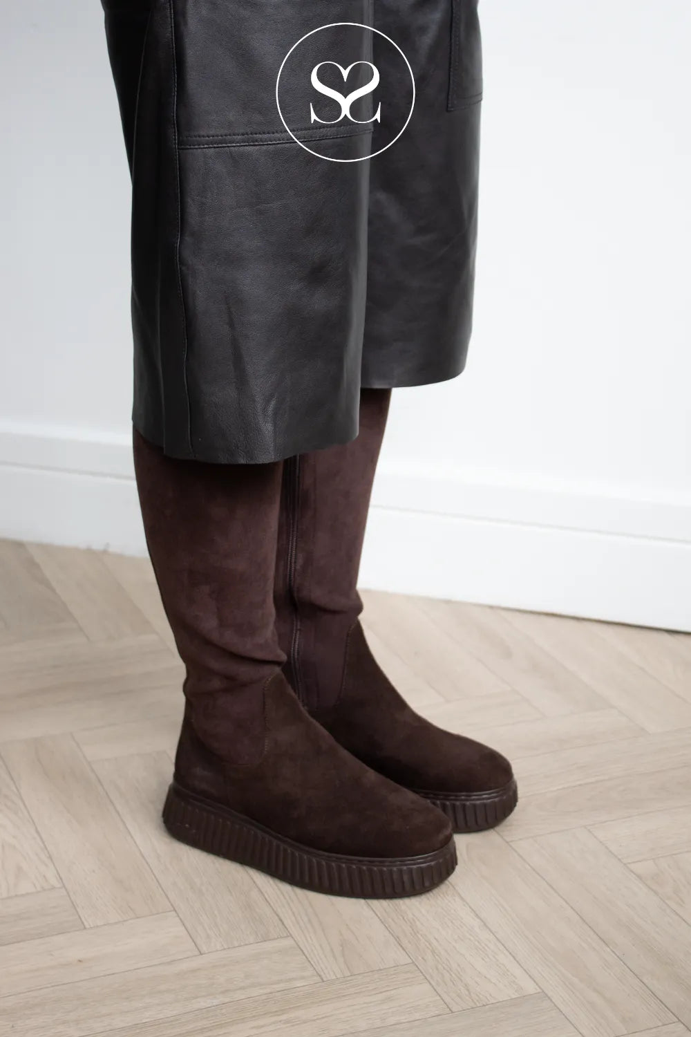 Wonders Brown Suede Knee High Wedge Boots - A-5204