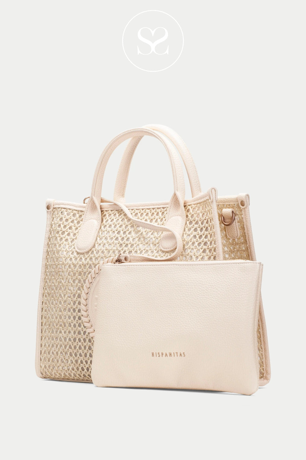 Cream big woven shopper bag with small leather internal bag. Long crossbody strap. Perfect neutral holiday bag.