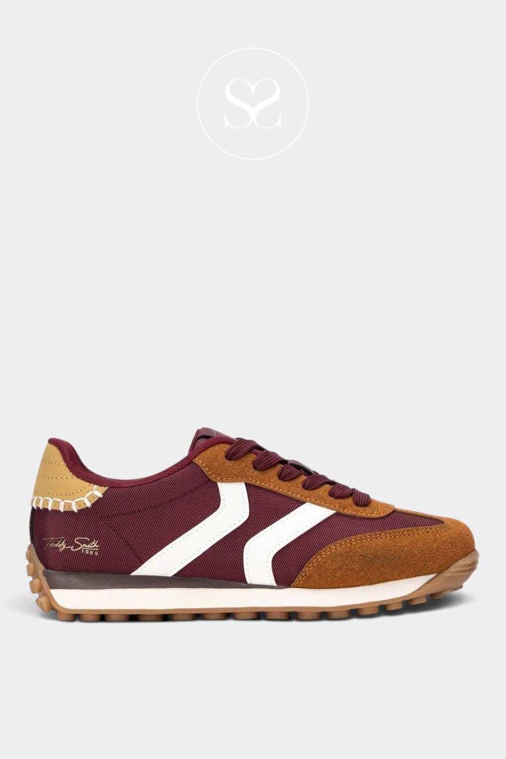 Teddy smith burgundy and tan round toe trainers with laces and white stripes
