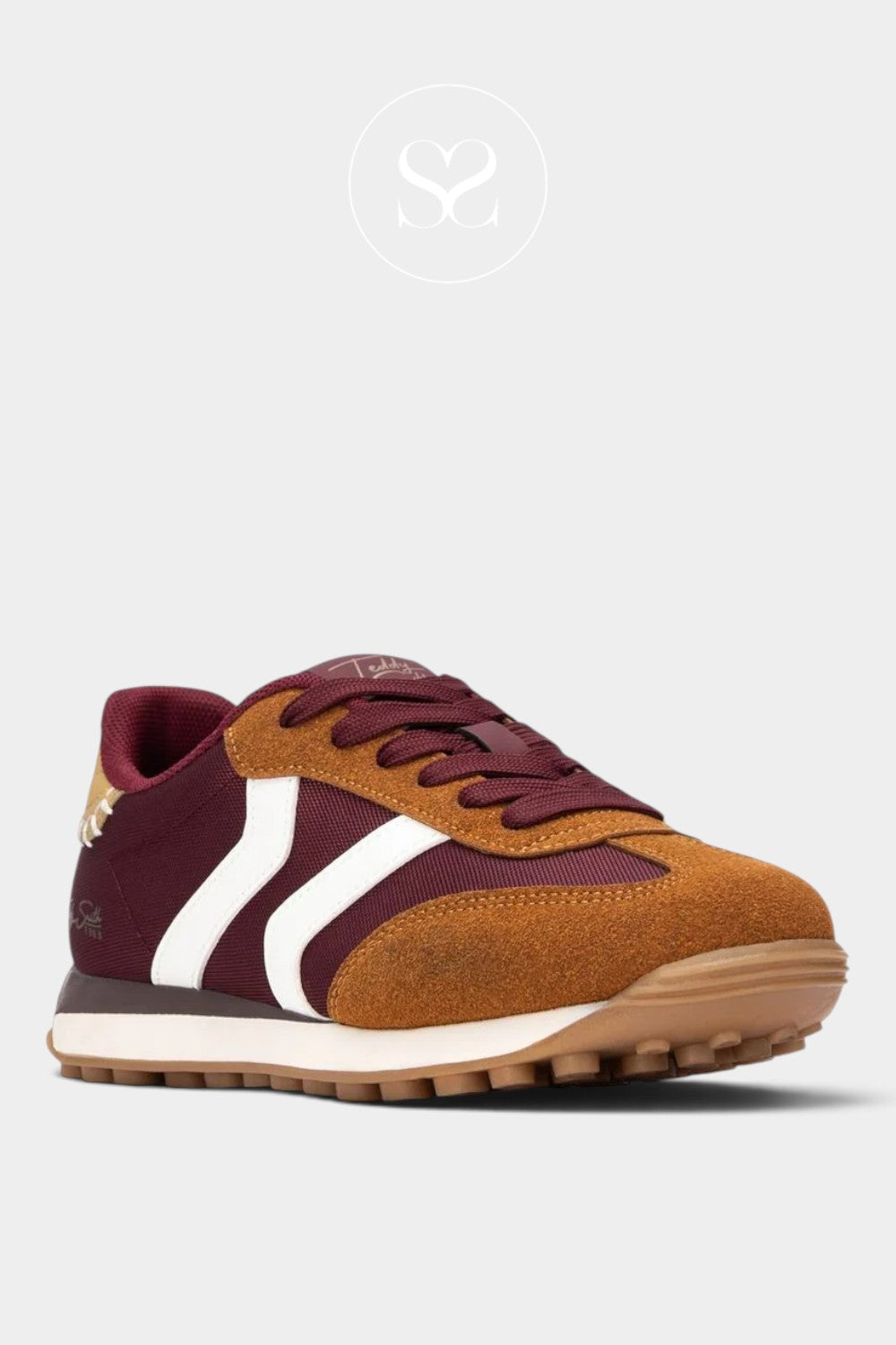 Teddy Smith sporty burgundy trainers with tan suede toe and rubber sole