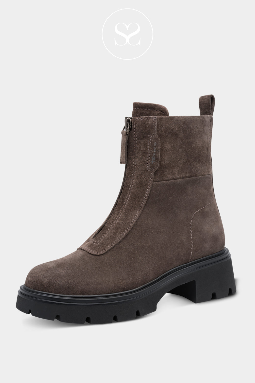 Tamaris brown suede chunky ankle boots are a Chelsea-style boot with a front zip, round toe, 20mm platform sole, and a 20cm shaft height