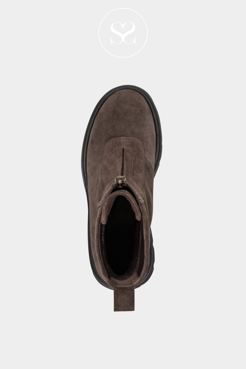 Tamaris Brown Suede Chunky Ankle Boots with a front zip for Women in Ireland
