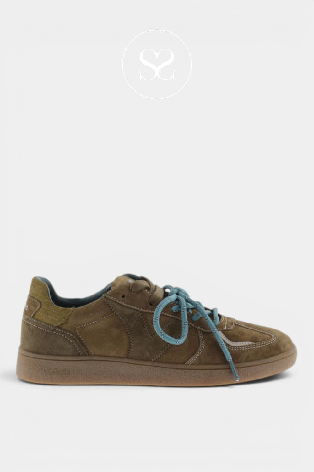 A low-top suede sneaker in olive brown with teal-blue laces and a gum brown sole, shown in profile against a light gray background.