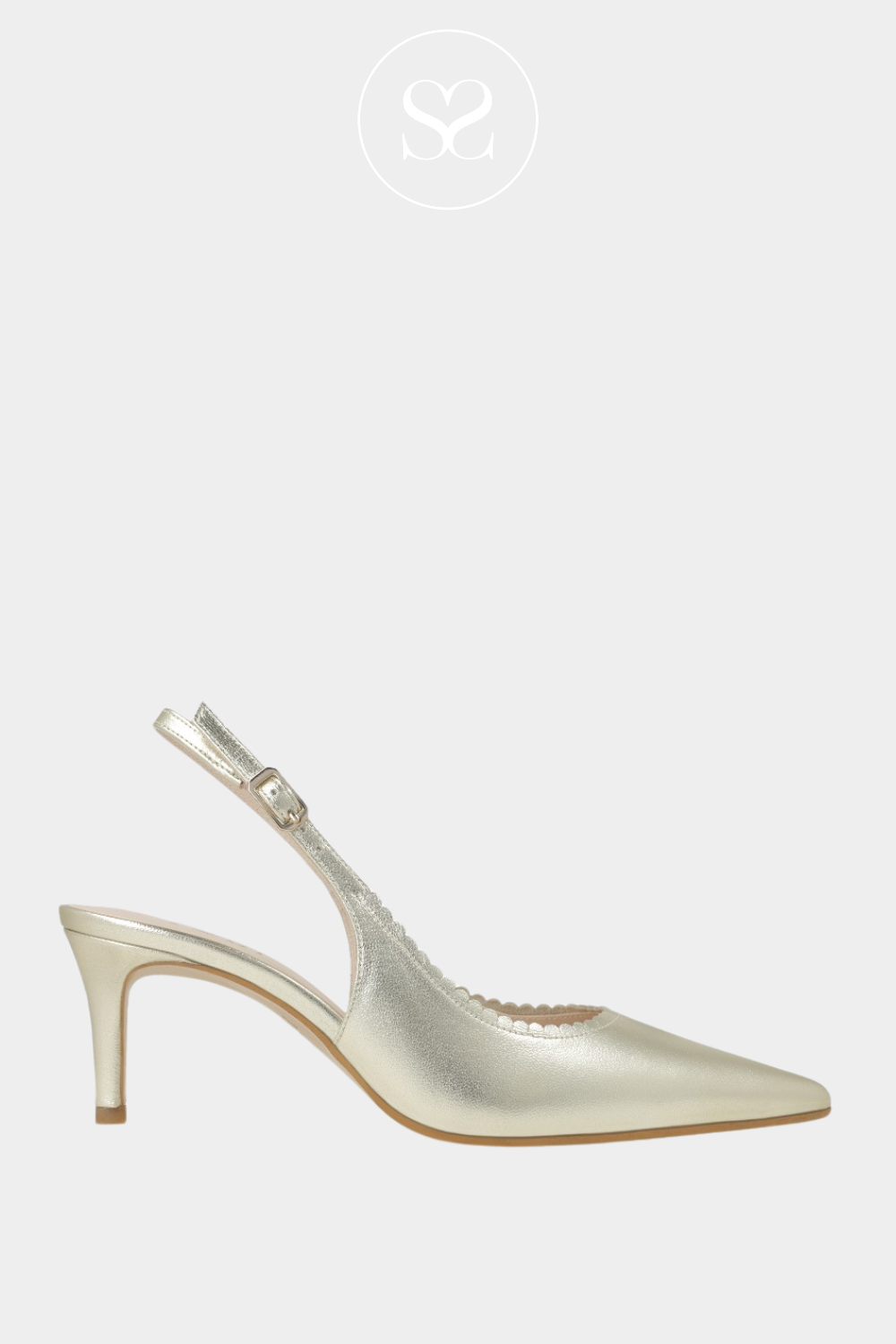 Lodi Noan gold pointed toe slingback mid heels with adjustable ankle strap and scalloped edge.