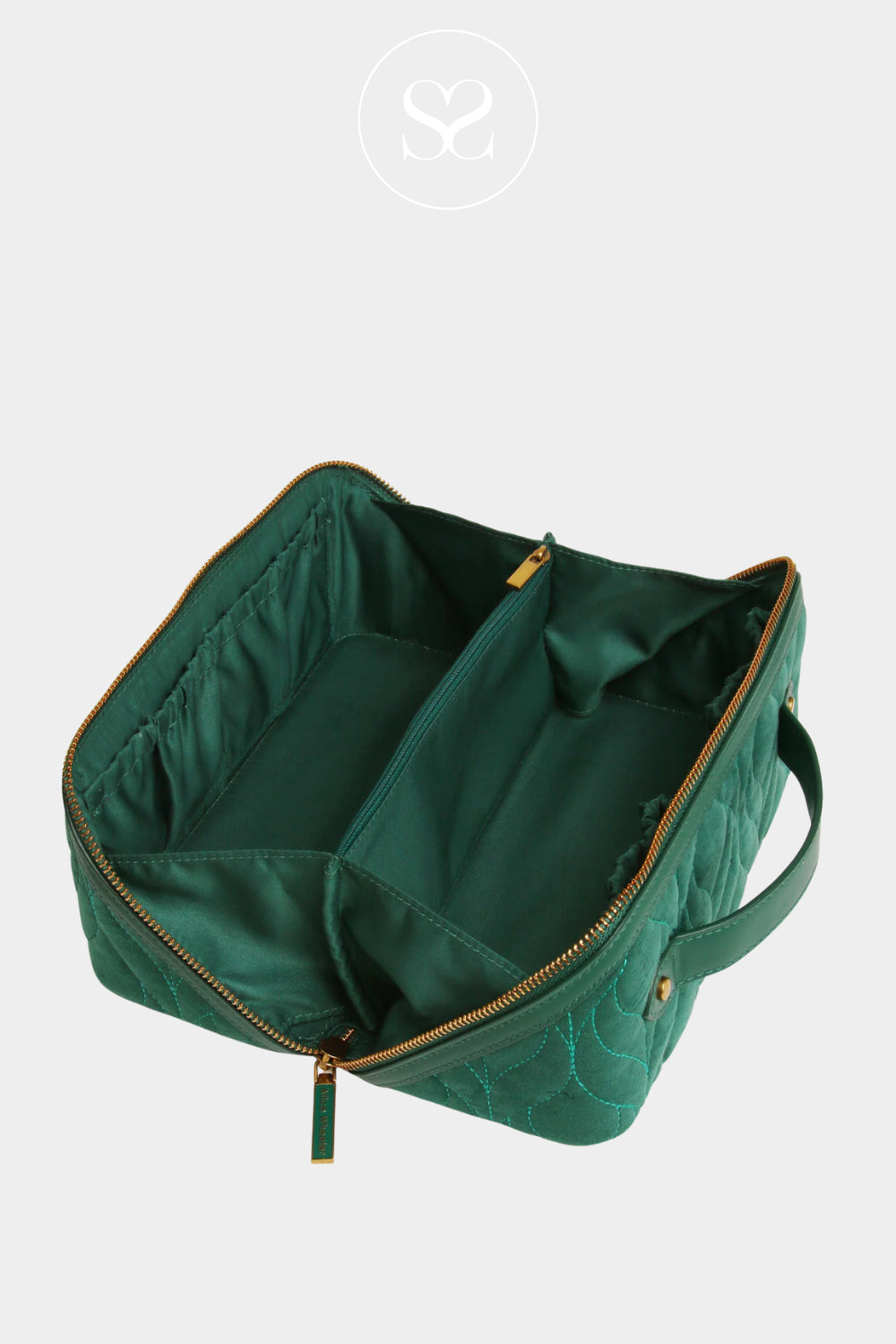 ALICE WHEELER TEAL VELVET MAKEUP BAG WITH SPACIOUS INTERIOR WITH SEPARATE COMPARTMENTS