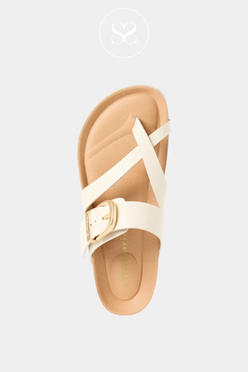 Beige sandal with a white strap on a light gray background