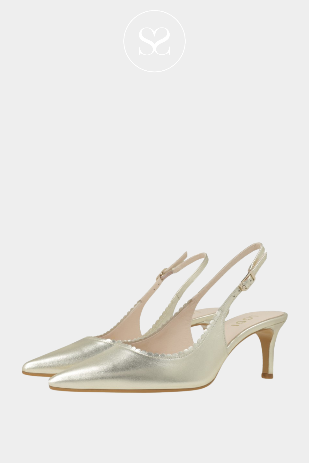 Lodi gold leather pointed toe adjustable ankle strap slingback occasion heels. Dressy shoe. Wedding heels. Scalloped edging