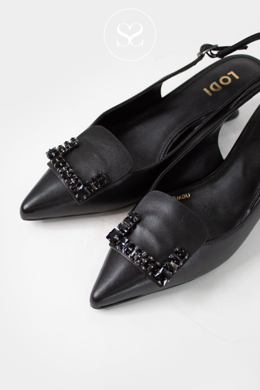 LODI BLACK KITTEN HEELS WITH SLINGBACK AND EMBELLISHMENT - A-RINO