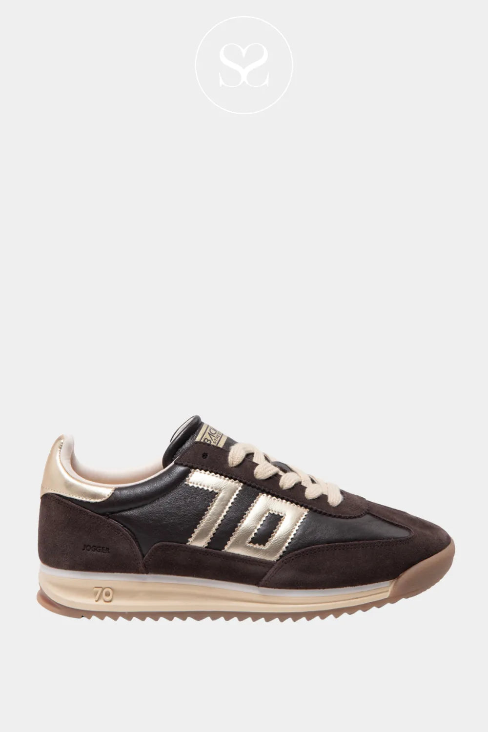 BACK70 BROWN LEATHER RETRO TRAINERS JOGGER SNEAKERS FOR WOMEN WITH GOLD '70' LOGO DETAIL