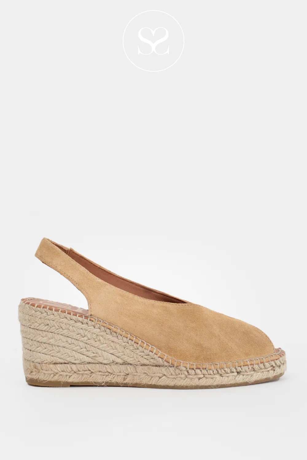 Viguera camel suede peeptoe wedge sandals. Espadrille sole with elasticated slingback strap. Comfortable smart casual sandals