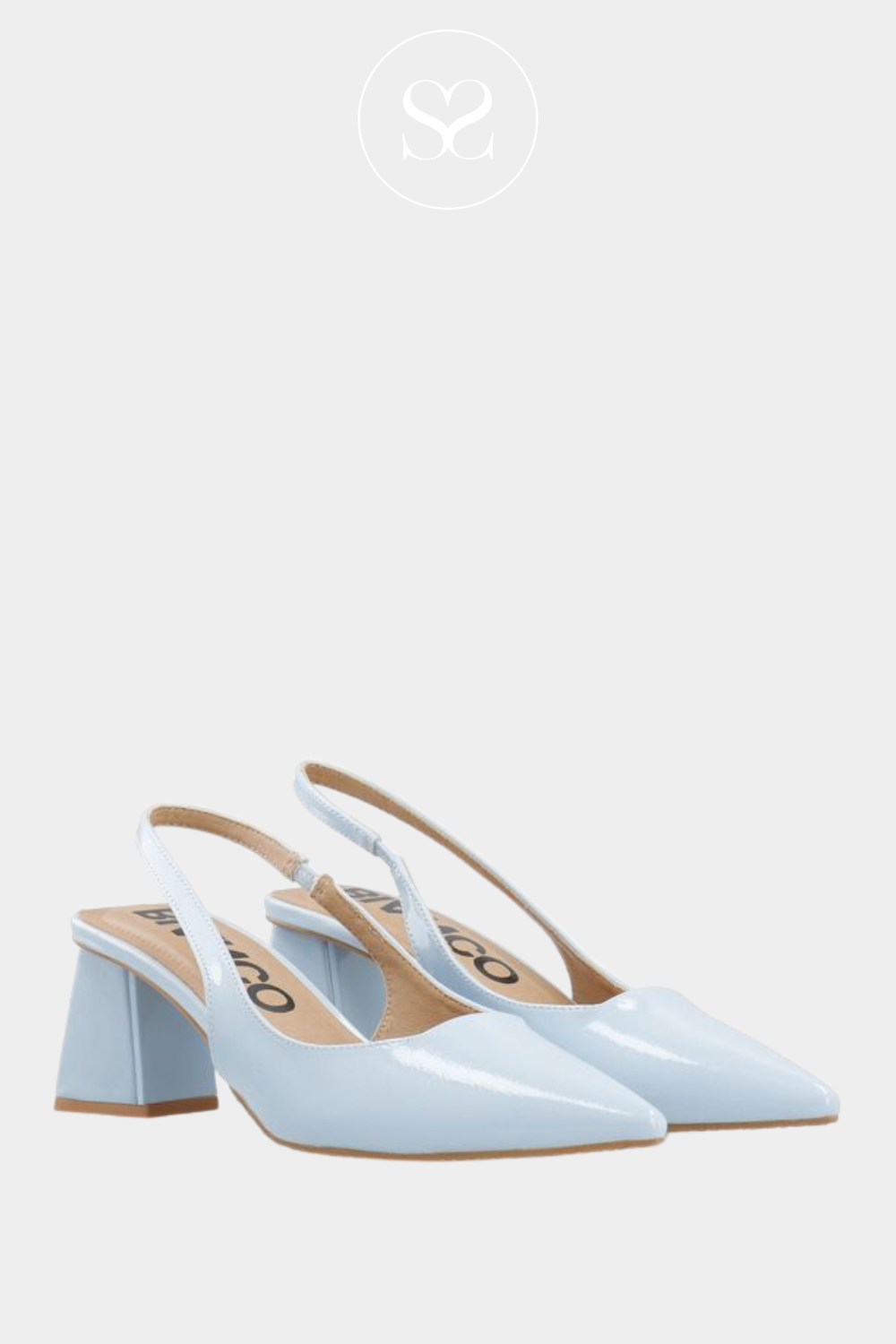 Light blue pointed toe slingback heels with slip on elastic slingback and gel cushioned insole