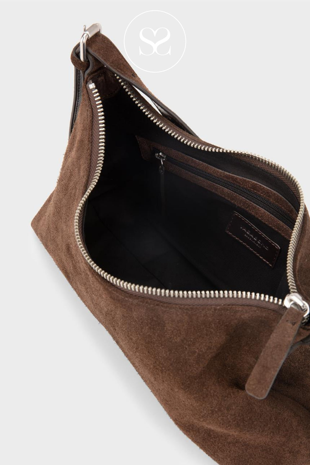 Brown suede handbag with zip closure