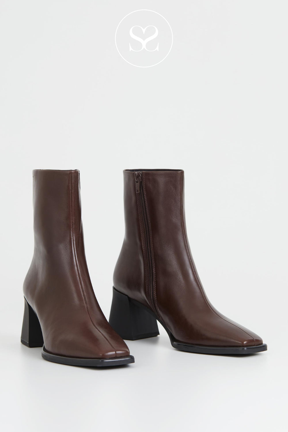 Buy brown leather squared toe ankle boots with block heel in Ireland from Vagabond Shoemakers