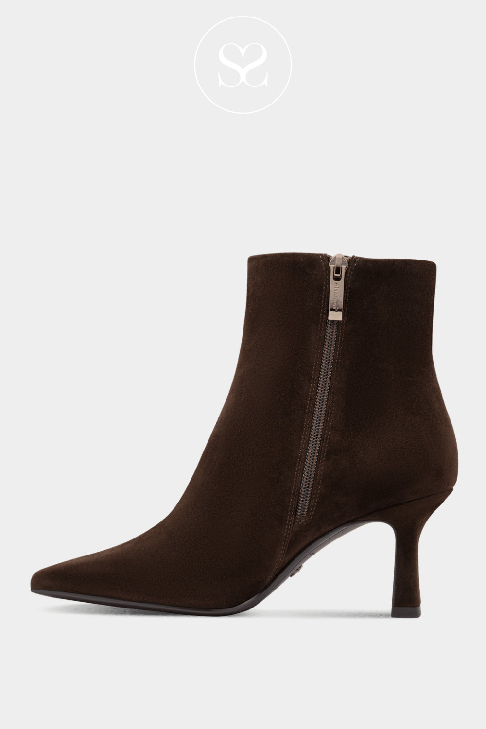 Tamaris chocolate brown suede stiletto ankle boots with a pointed toe, 75mm stiletto heel, inside zip, and a 13cm shaft