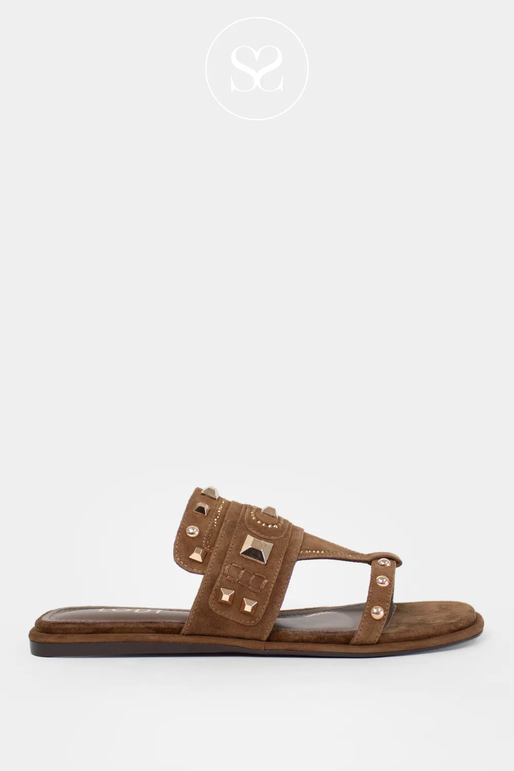 Lodi brown suede slider sandals with gladiator style studding. Soft footbed, flat sole and embellished strap. Dressy everyday summer sandals