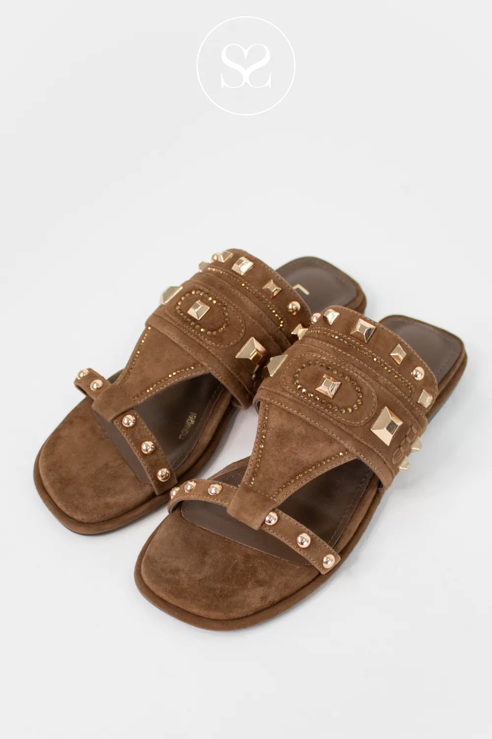 Brown sandals with gold studs. Gladitaor style sandals. Slip on style. Brown suede with gold studs.