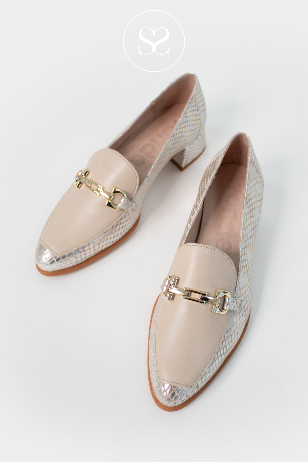 comfortable pointed toe loafers for women with beige and metallic accents from Wonders in Ireland