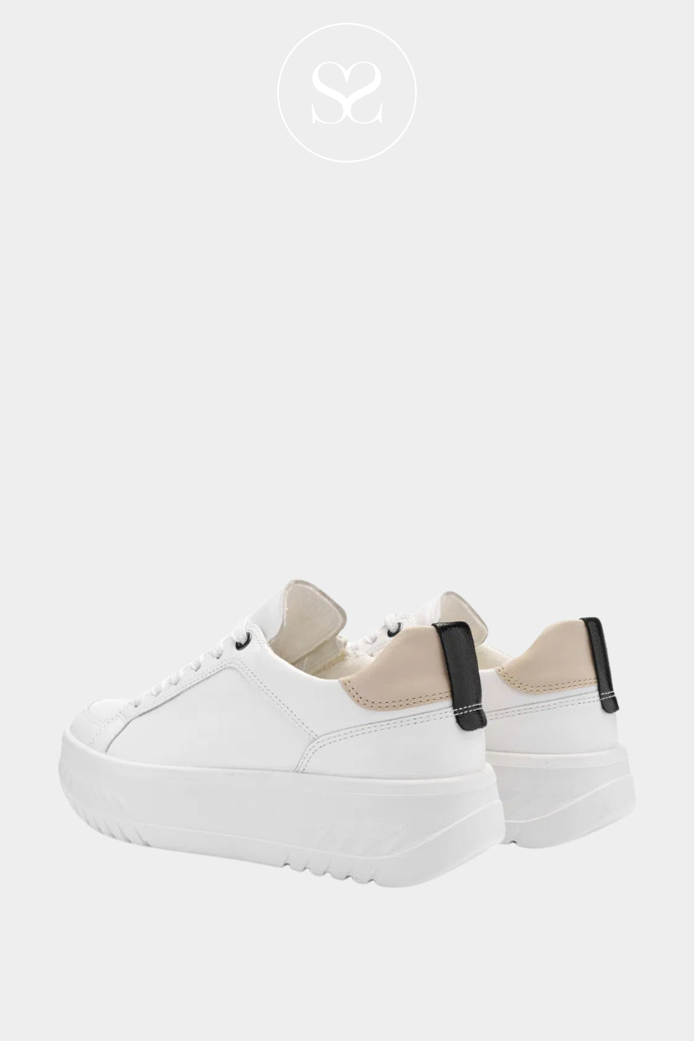 Ara chunky white leather trainer with taupe and black heel detail.