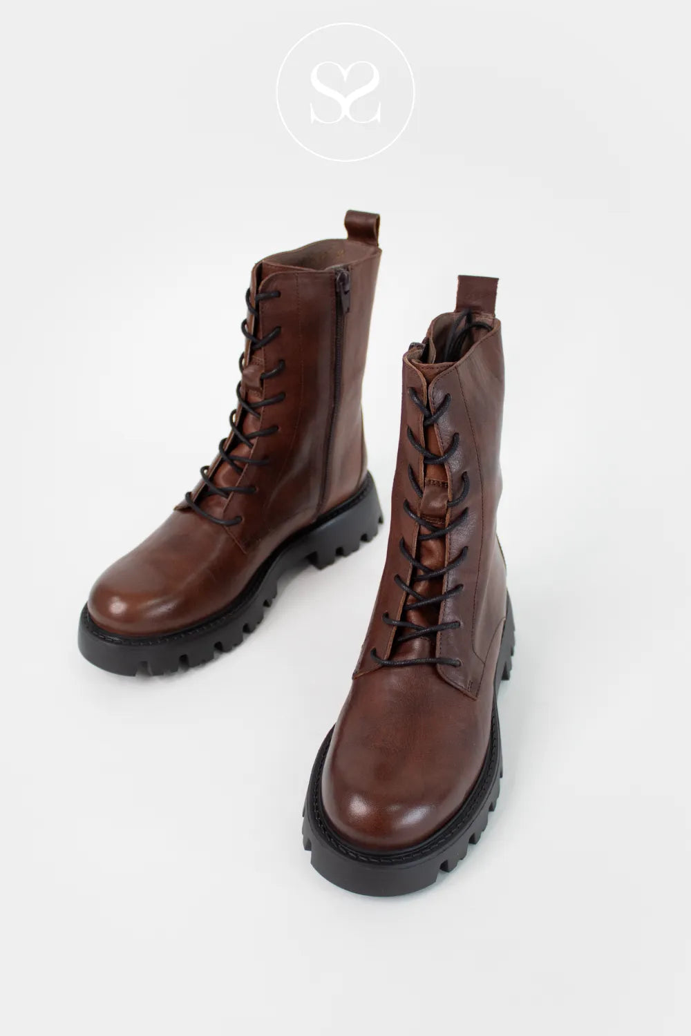 WONDERS CHOCOLATE BROWN LACE UP MILITARY STYLE BOOTS C-7510 FOR WOMEN WITH CHUNKY BLACK SOLE
