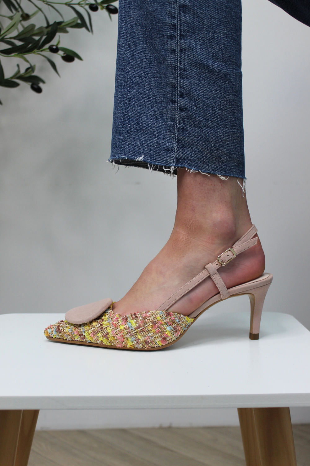 Lodi multi-coloured tweed pointed toe slingback mid heels with adjustable ankle strap.