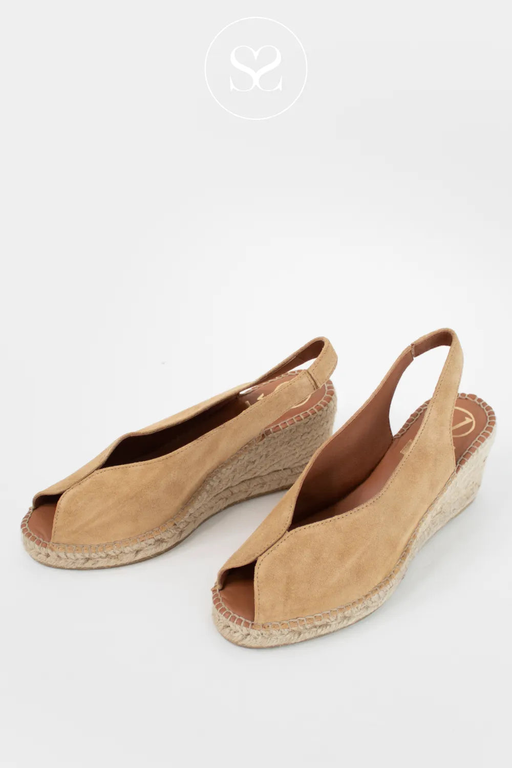 Camel v-cut sandals with peep toe and elasticated slingback sandals. Espadrille soles