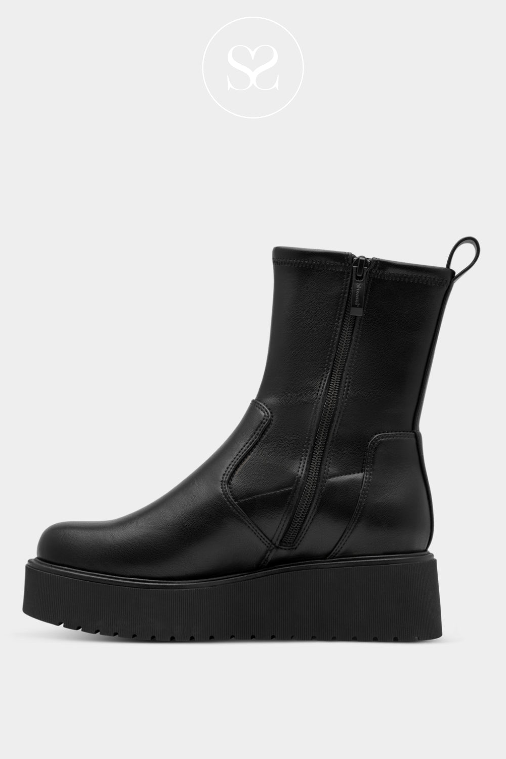 Modern black sock-style boots with a high ankle fit, rounded toe and lightweight platform sole.