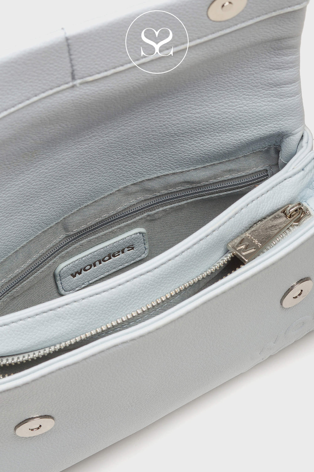 Light blue handbag with zipper and visible Wonders brand logo on a white background