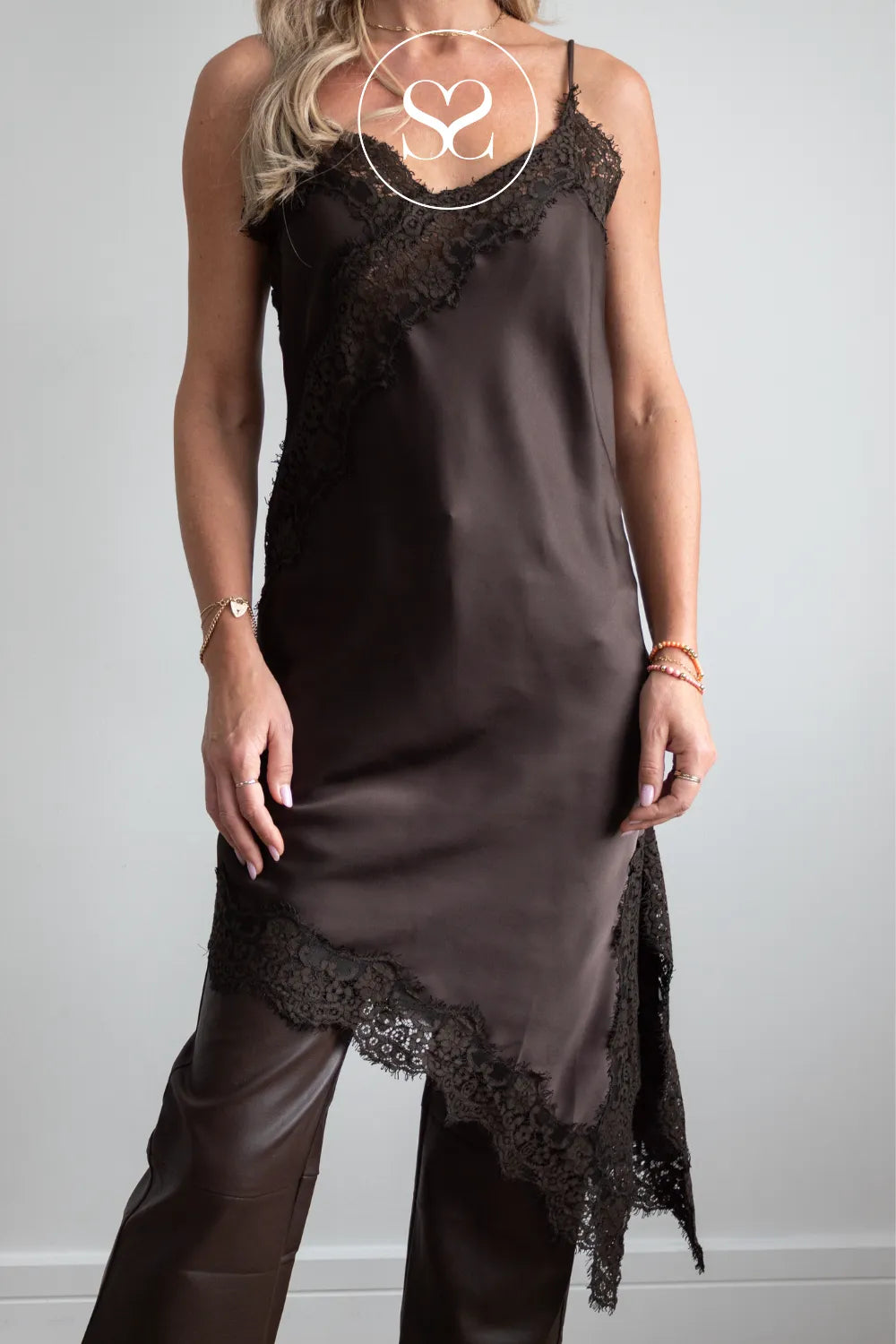 Brown Asymmetrical Satin Dress - 9218