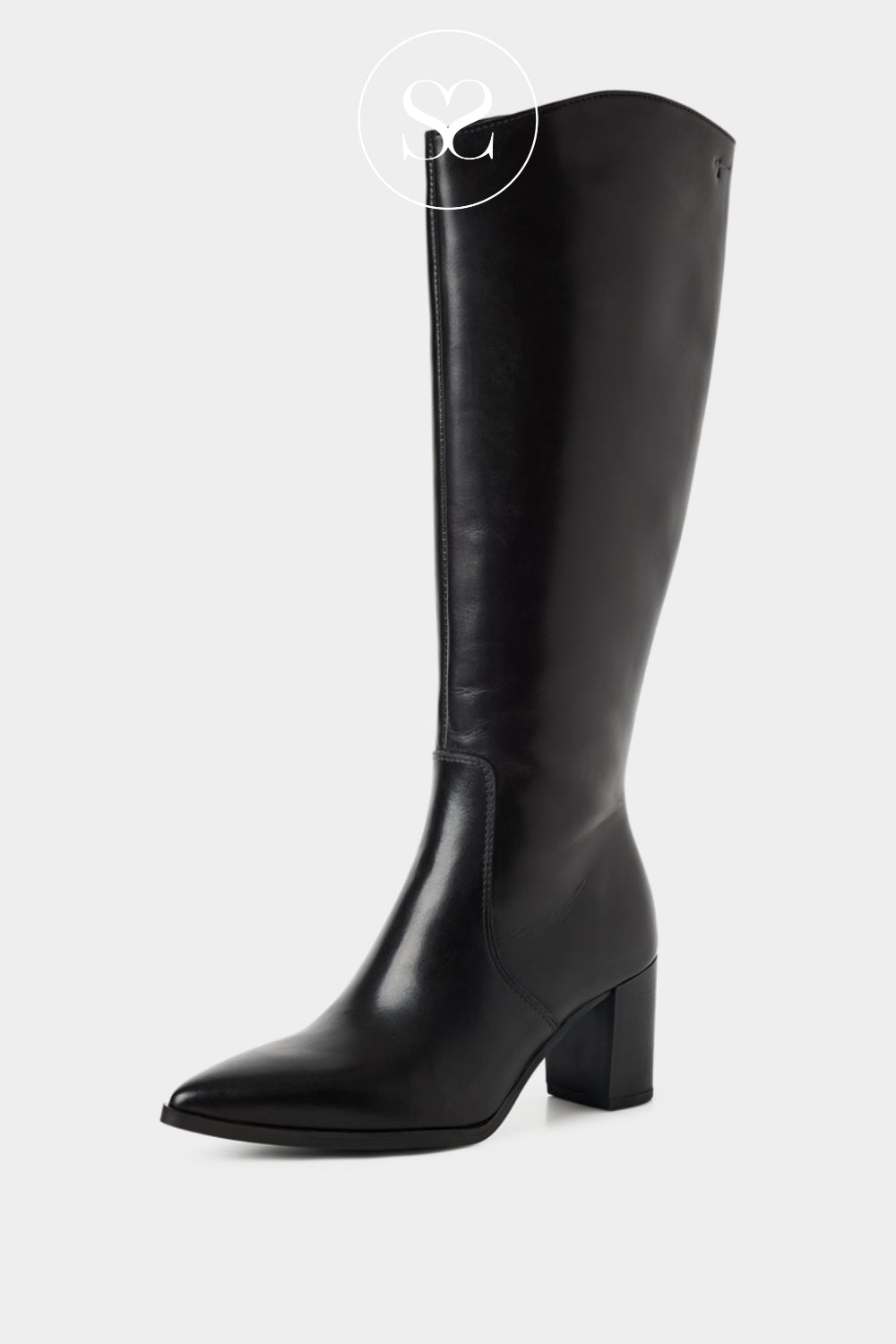 Tamaris Black Knee High Boots with a 6.5cm Block Heel and a Full Length Zipper