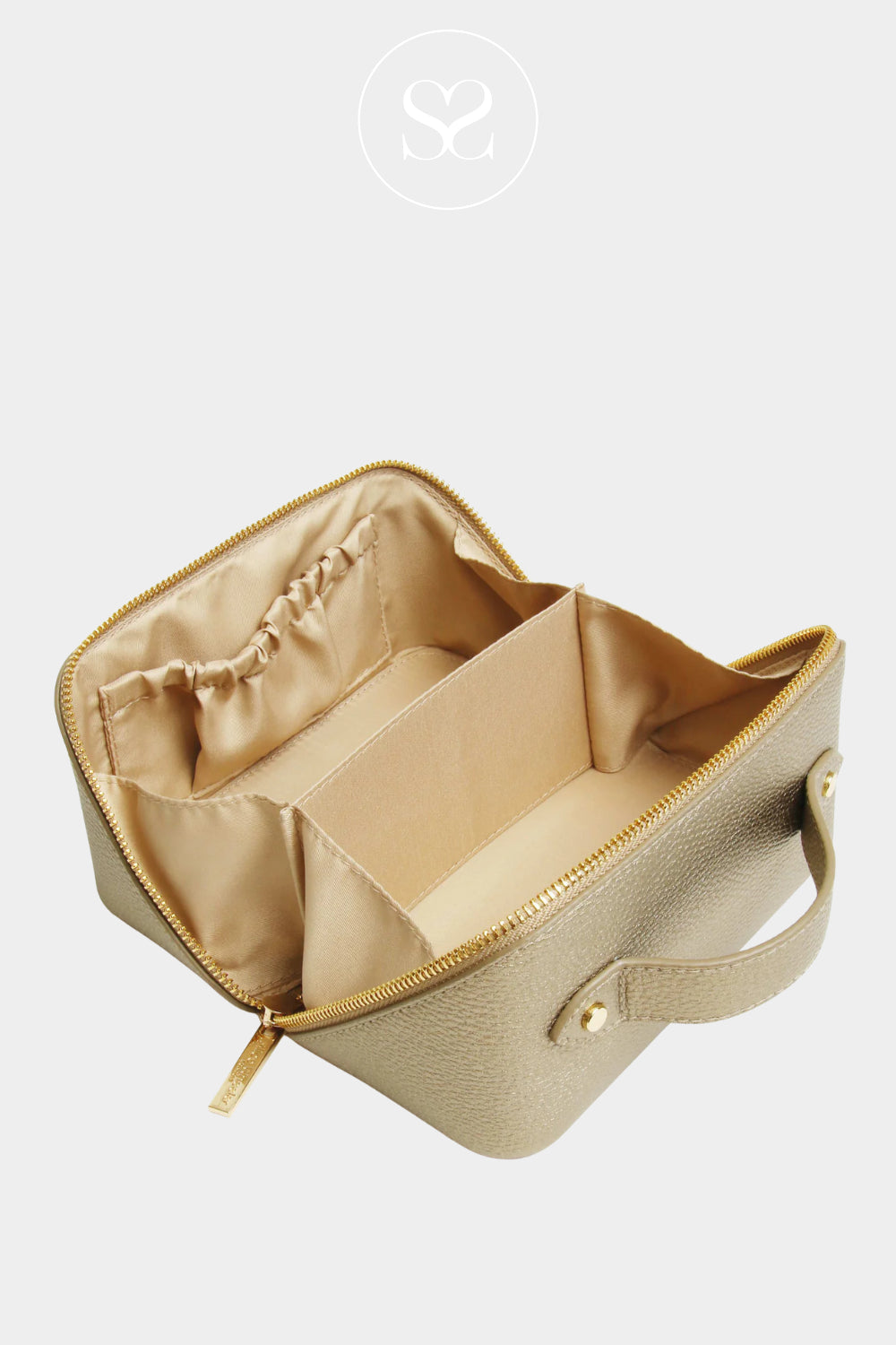 ALICE WHEELER BRONZE LEATHER MINI MAKEUP BAG WITH SPACIOUS INTERIOR WITH SEPARATE COMPARTMENTS