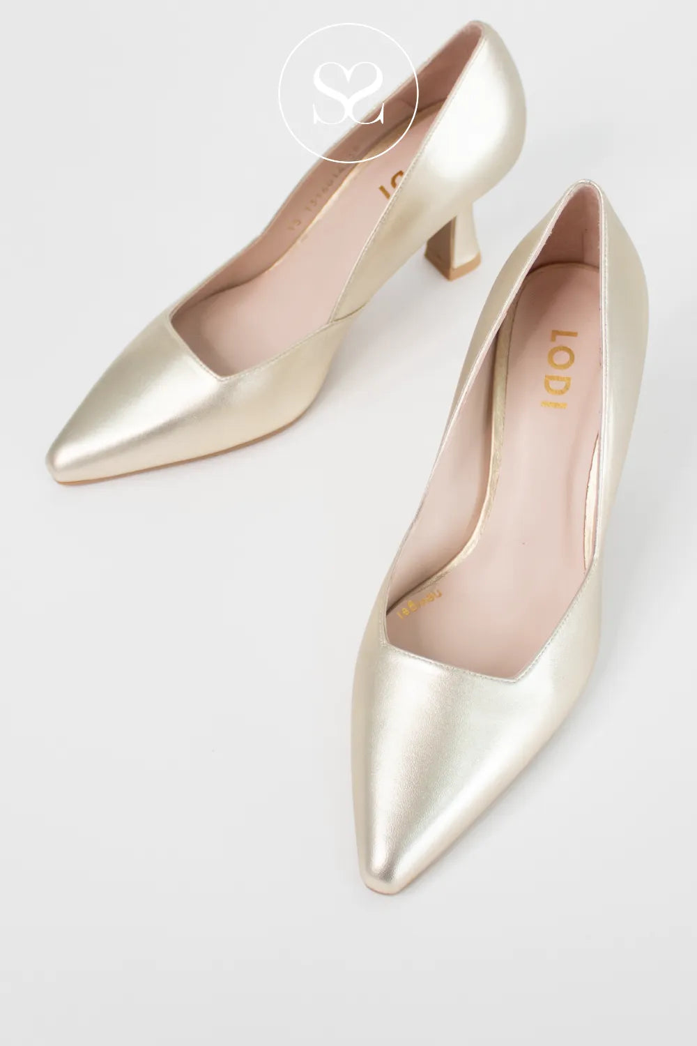 comfortable gold leather mid heel shoes with pointed toe and low block heel from Lodi in Ireland