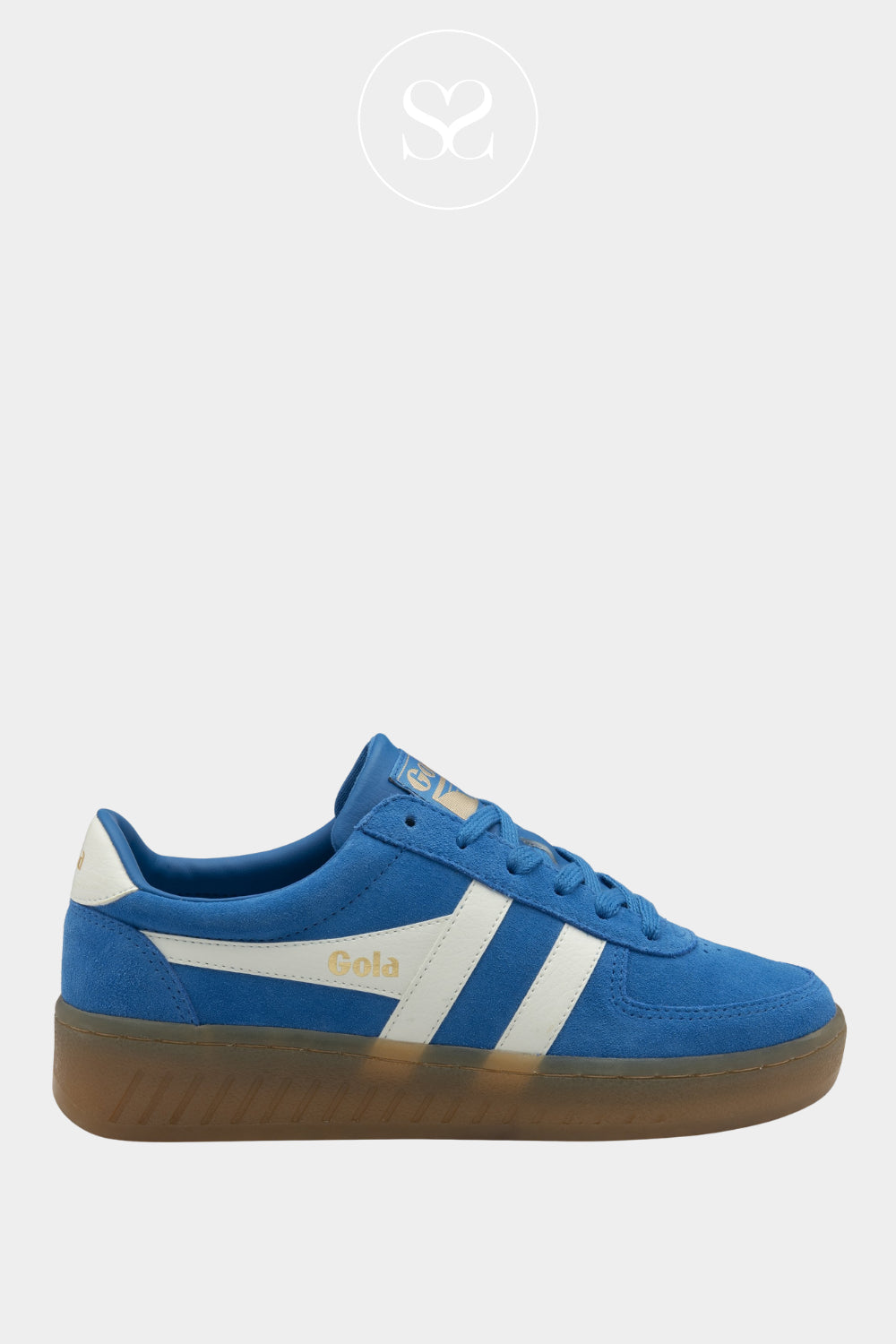 Blue sneaker with white stripes on a light gray background